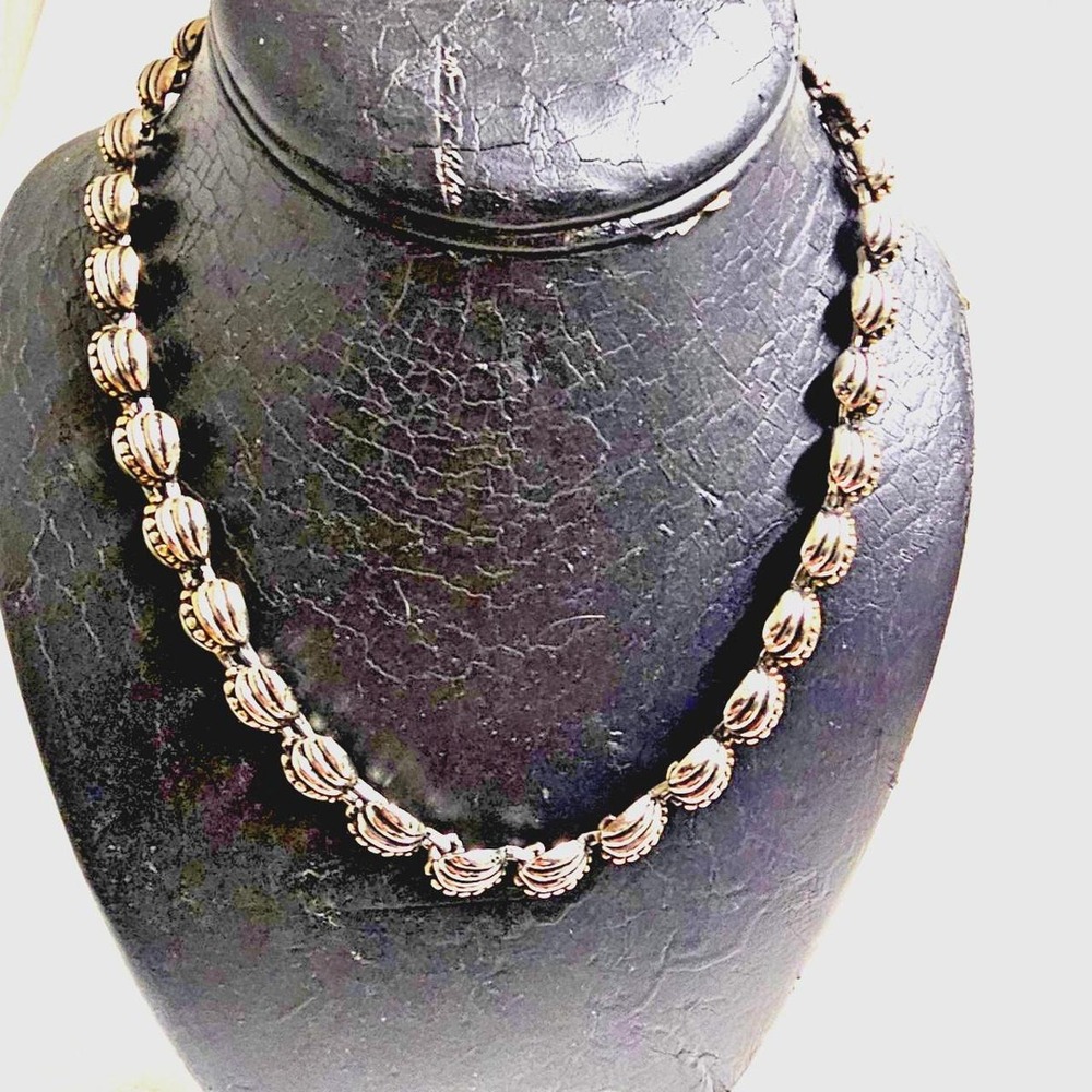 Vintage Silver Gold Bead Necklace Ribbed Oval Two Tone Statement Choker